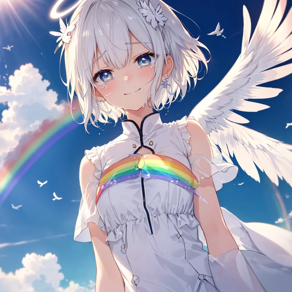 (((Extreme close-up tears smile Low - Angle Dove of peace Angel Halo))) ((輝くtears Rainbow Eyes Short Hair Receiving the light Rainbow light Place your hand on your chest)) (Shining Edge Pillar of Light)