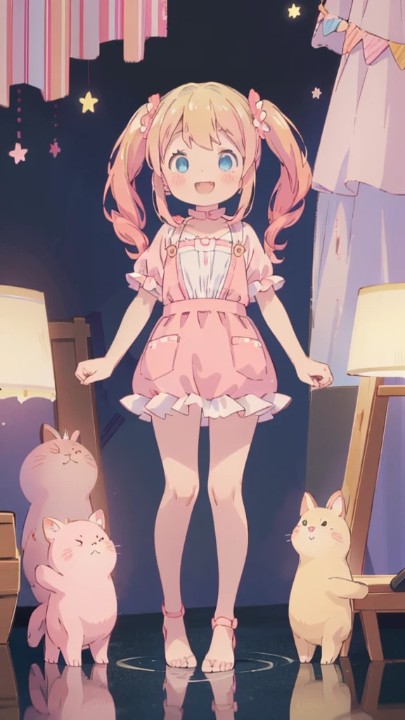 ((masterpiece))((Highest quality))girl、A big smile、blush、Flat Chest、Are thin、Blonde Hair、blush、Are standing、Whole body image、Eye level to the feet、front、No background、真frontのアングル、Pink clothes、Two-tone red and blue hair、Twin tails、Red Alice outfit、Reflected up to your feet
