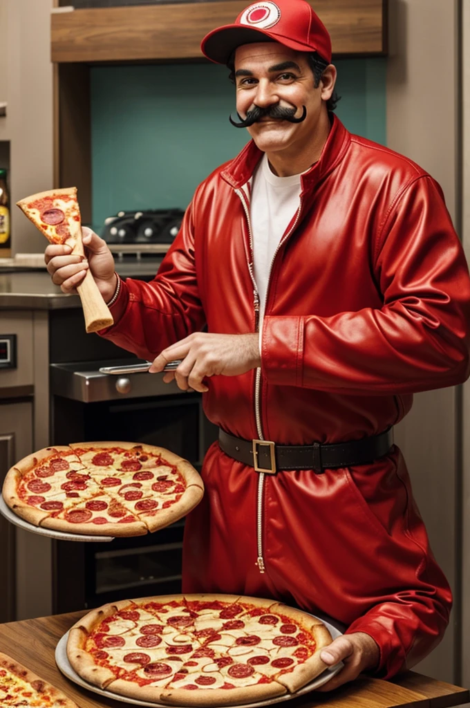 **Dave, the Pizza Bandit**, dressed in his ridiculous outfit, holding a fake mustache and a pizza cutter, with a sly grin on his face.