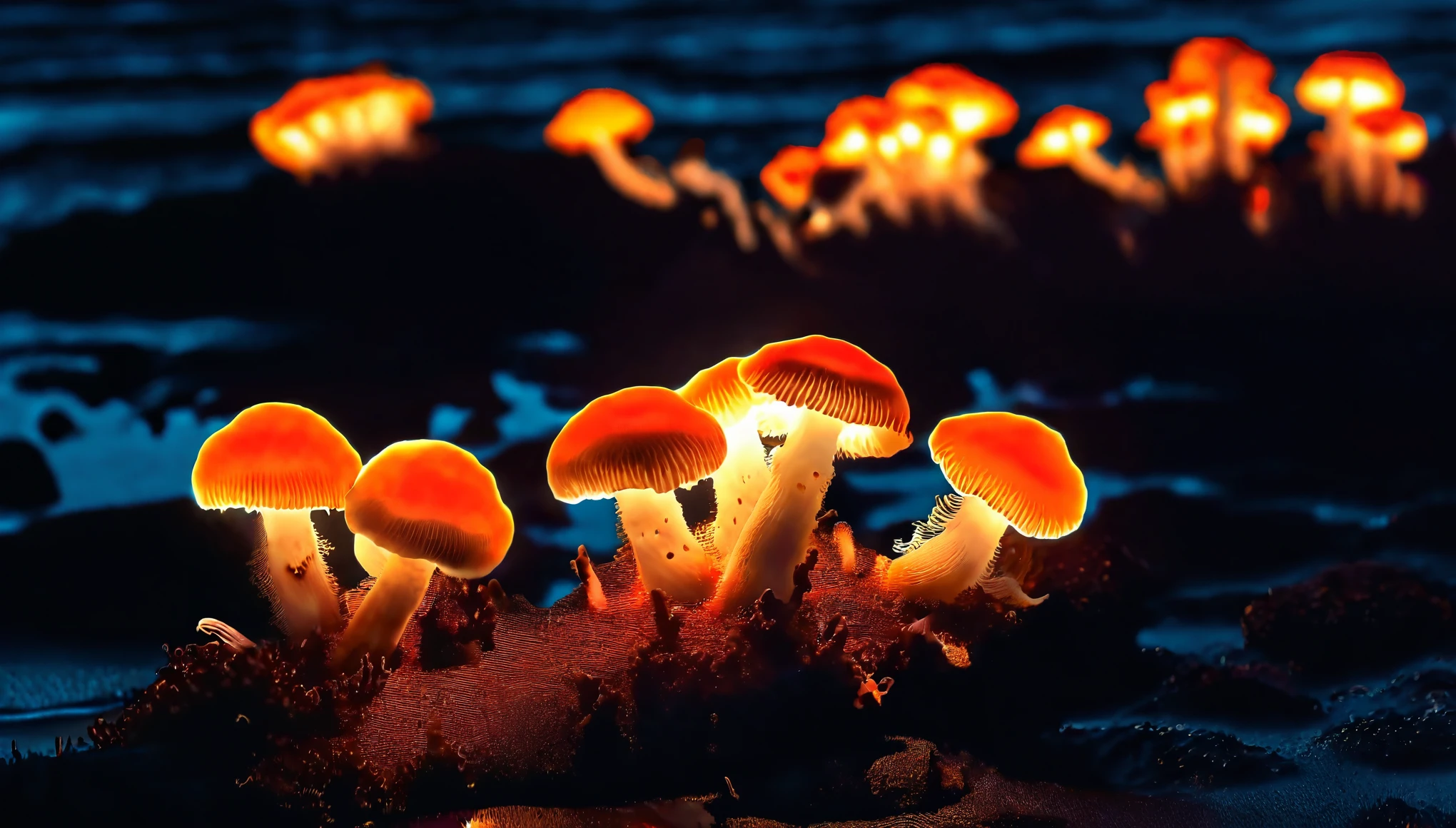 Glowing Fungi on Shore: A close-up shot of a cluster of bioluminescent mushrooms growing on the shoreline at night. The mushrooms are a vibrant orange color and emit a soft, pulsing light that illuminates the surrounding area. The sandy beach is dark and shadowy, with occasional waves crashing against the shore. In the distance, there is a silhouette of a lighthouse standing tall and proud, casting its own beam of light into the sky. The scene is both eerie and captivating, as if witnessing a magical and otherworldly phenomenon.