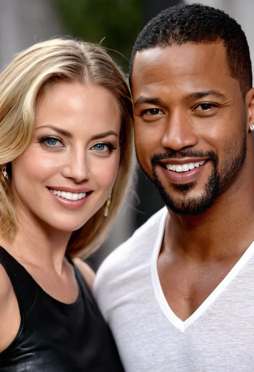 Estella Warren and a handsome African American male whose facial features are a combo of Charles Michael Davis + Isaiah Mustafa + Laz Alonso pose together for a photo. Both are smiling. Both are attired attractively but casually for a date. Estella wears a white top and a black leather skirt. Estella has lovely makeup on her face. Daytime. Romantic ambiance. Symmetrical eyes. Symmetrical faces. Lovely details. Photorealistic. Full-colored photo. Professional photo. Highly detailed 8K.