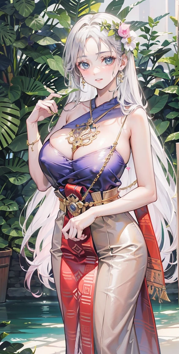 beautiful woman,folk girl,long, White hair and black eyes,red eyes,ฉันมีเปียlongทางด้านขวา.,She is wearing a purple Thai dress.,กระโปรงไทยโบราณlong,holding a jasmine garland,countryside,countryside,beautiful scenery,Ayutthaya historical site,smile with teeth,forehead,forehead exposed,big ,rift, ,(2 young women ,beautiful woman),หน้าอกbig,Show your breasts,The cracks are clear....,((หัวนมbig)),(pubic bone), rift, visible chest,seductive pose,I see bulging nipples.,(((areolae ขนาดbig:1.4,pink,The nipples are clearly visible.......))),(Separate outfit showing nipples:1.4), (semi-naked:1.8)