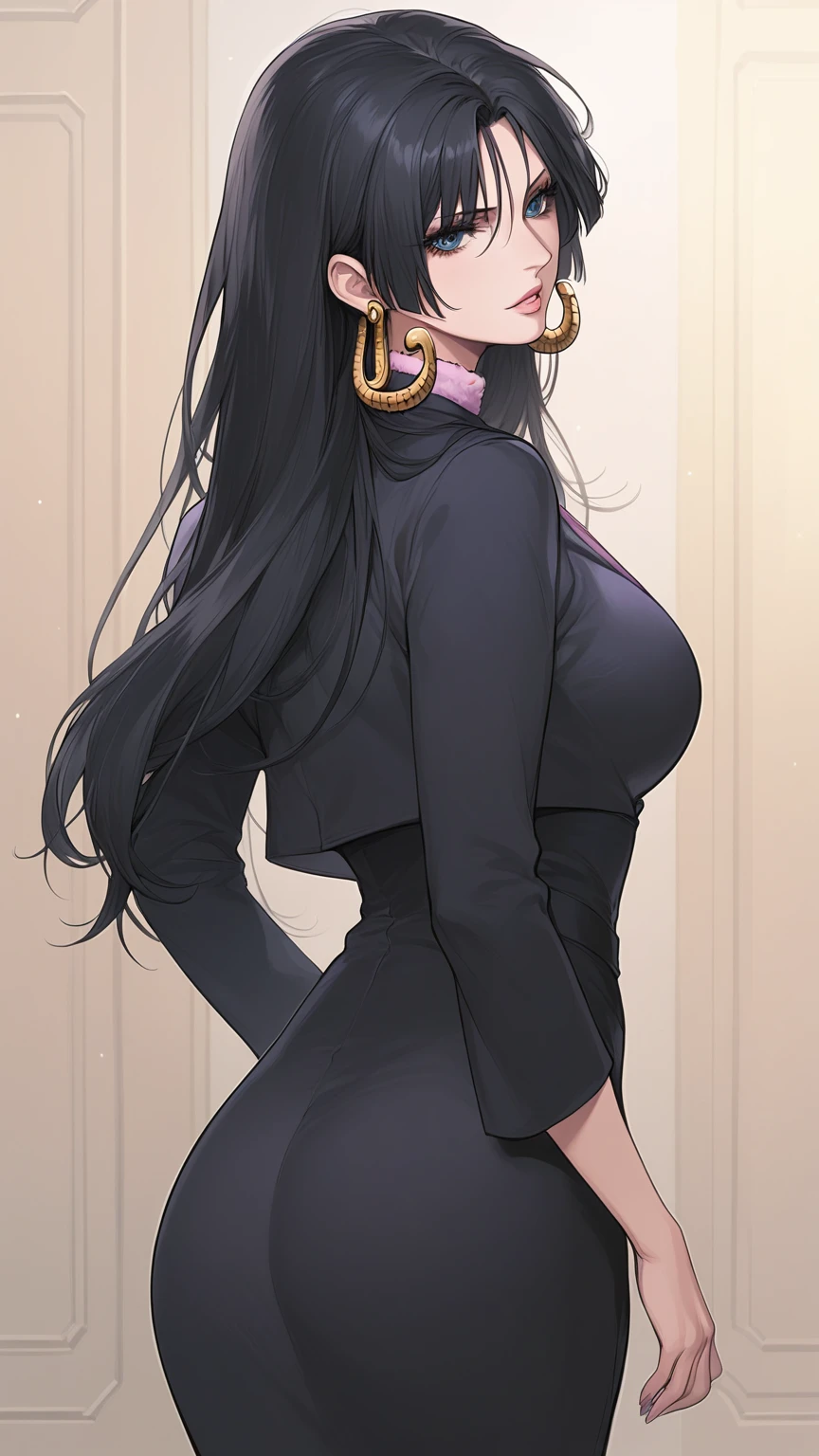 masterpiece,best quality,boa_hancock,long hair, black hair, earrings, large breasts,