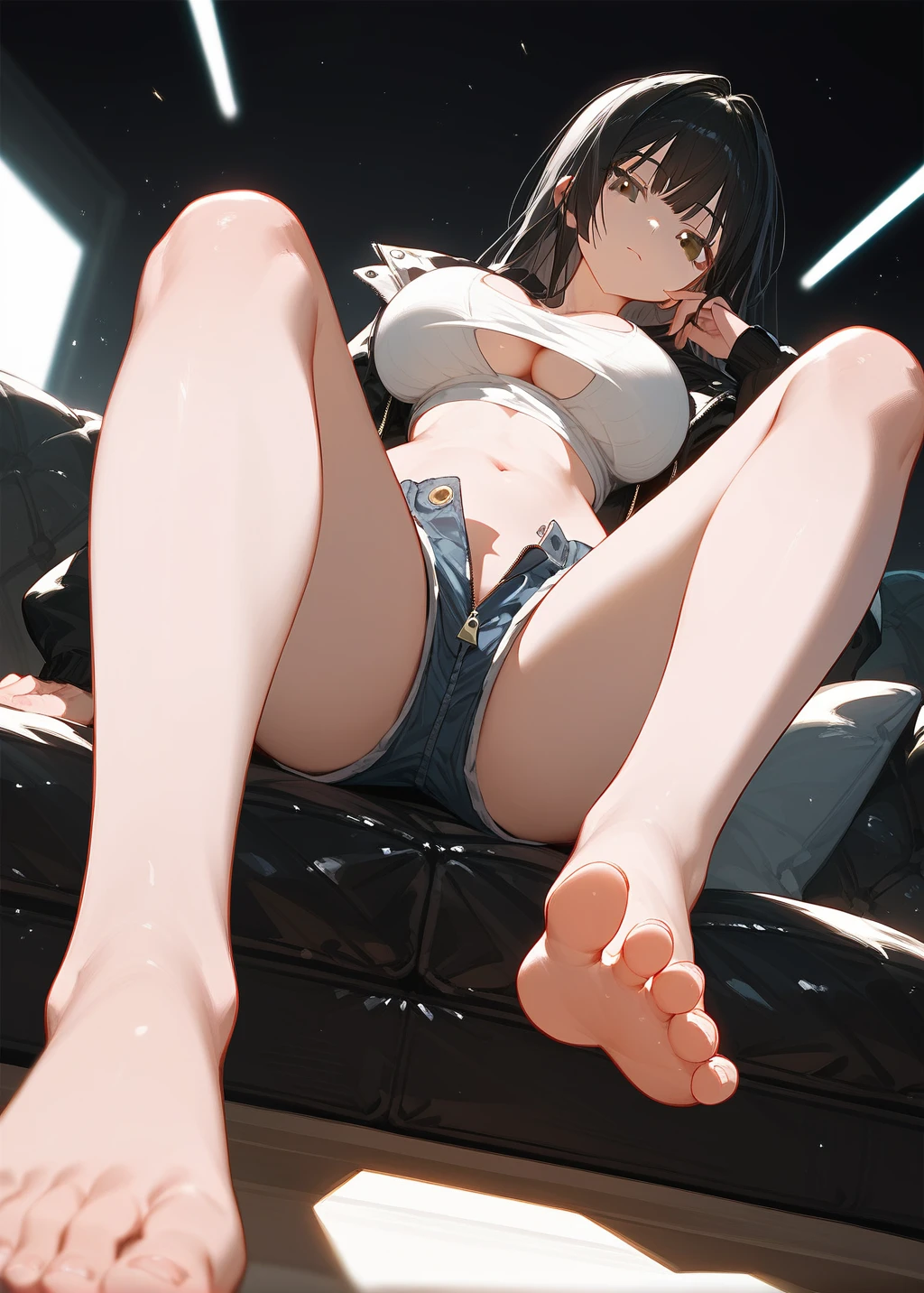 wallpaper,1 名妇女露出脚Low Angle,Sitting on the sofa,Low Angle,barefoot,Sole,Foot Focus,White Belly Tank Top,Wearing an unzipped black jacket,Bangs, Long hair,Black Hair,齐Bangs, Denim shorts,Anatomically correct, Big breasts(d),despise,Eyes on the audience,Many black tails,Detailed background,In the dimly lit bedroom