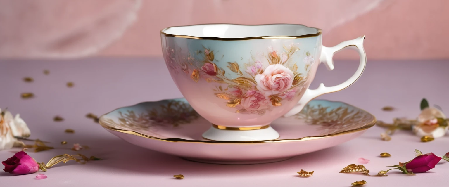 A delicate porcelain teacup with floral patterns and a golden rim, filled with rich, dark tea. The saucer features intricate details, surrounded by a few scattered rose petals. The background shows a soft pastel gradient, enhancing the elegant and vintage charm.