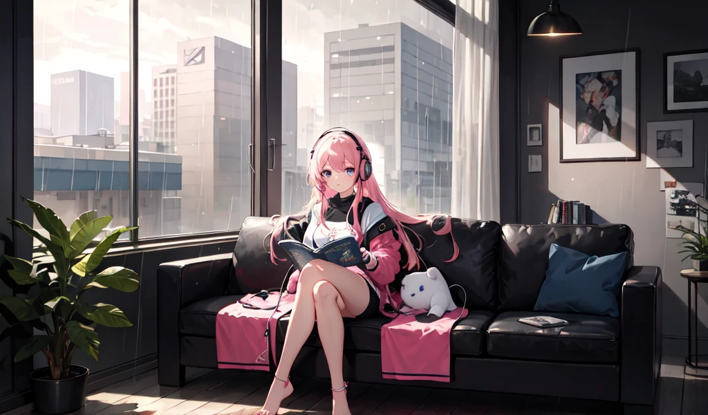 ((Highest quality)), ((masterpiece)), (detailed), 1人のgirl, Super high quality by the god of art, High resolution, Pink Hair, alone, girl, , Wear headphones, Rain outside the window, Full body angle, Sitting on the couch, I read a book