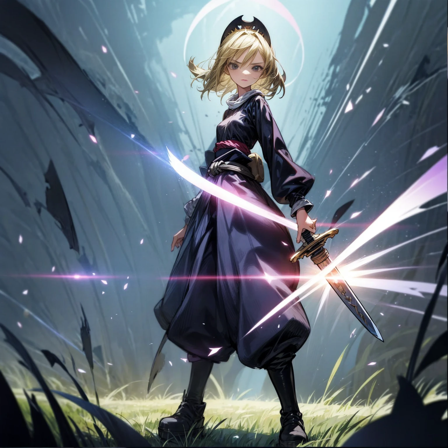 1girl, Full body version, 1character, black eyes, long Frizzy haircut, blonde colour hair, medieval clothing, long pants, headband, boots, Grassroots, full background in field town, motion blur, lighting, (one piece art), standing poses, sword in hand
