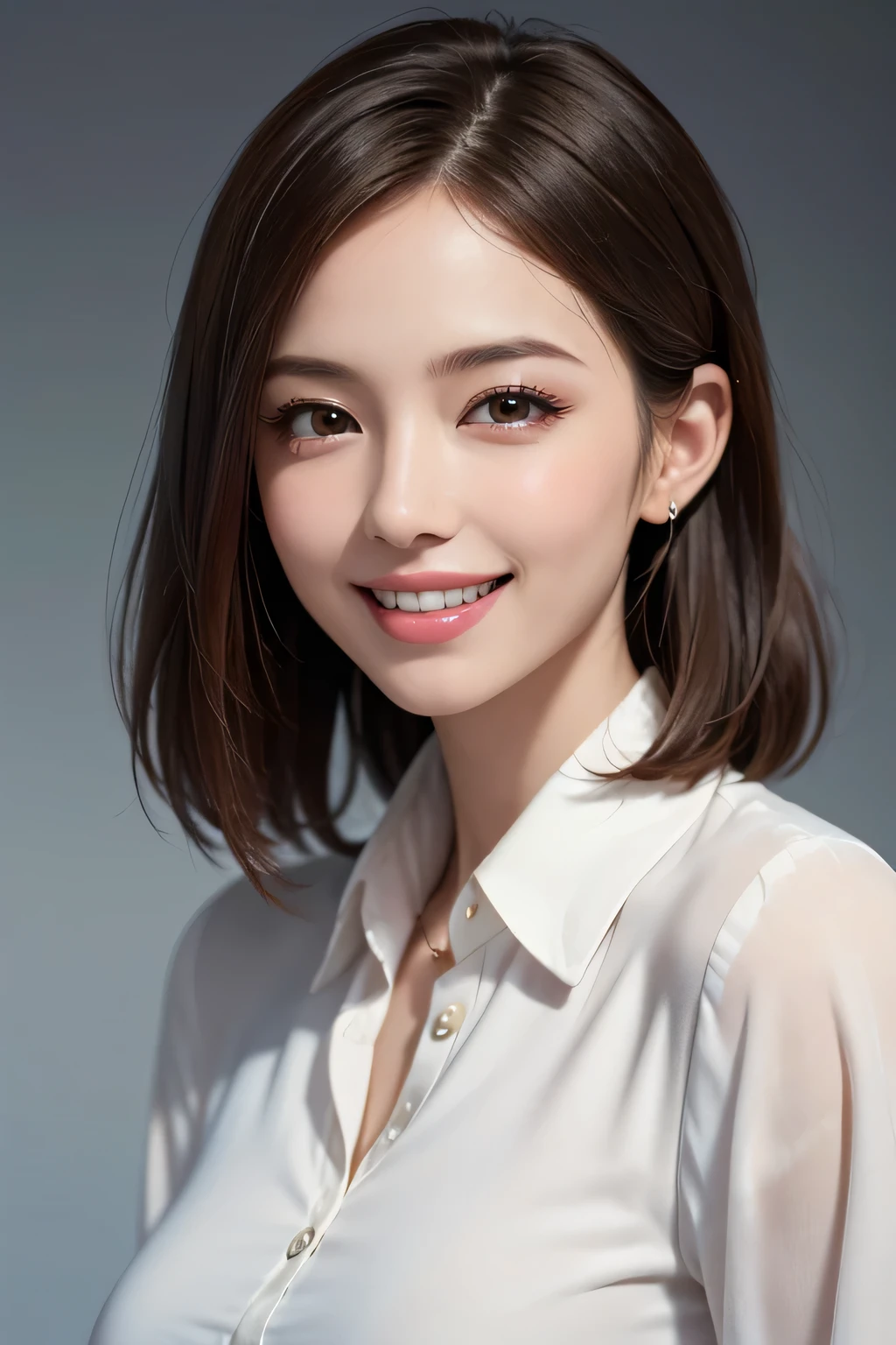 ((masterpiece)), ((Highest quality)), ((Complex)), ((Surreal)), (Realistic), (Mature Woman), ((No classes)), Very detailed, (1 female), Beautiful and exquisite, (Beautiful Teeth), Grin, Brunette Bob Hair, Brown eyes, ((blouse)), (Upper Body), (background:none), Perfect Eyes, Captivating eyes, Looking at the audience