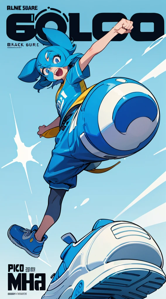 A bright blue dog-themed character, Wearing big sneakers, サイバーパンク, Magazine Cover, Simple Background, Running around, raised fist, projected inset, UHD, best quality, highres, 8k