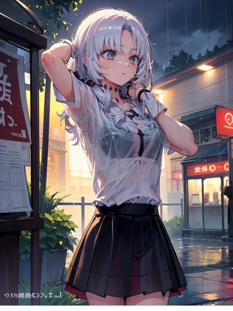 masutepiece, Best Quality,Illustration, Wallpaper, Ultra Detail, absurderes, 1girl in, Solo, (Medium short hair、short braided hair), Beautiful detailed eyes, rainfall、water dripping、wetting hair , Wet clothes, (Street:1.3), Cloudy sky、kirakira