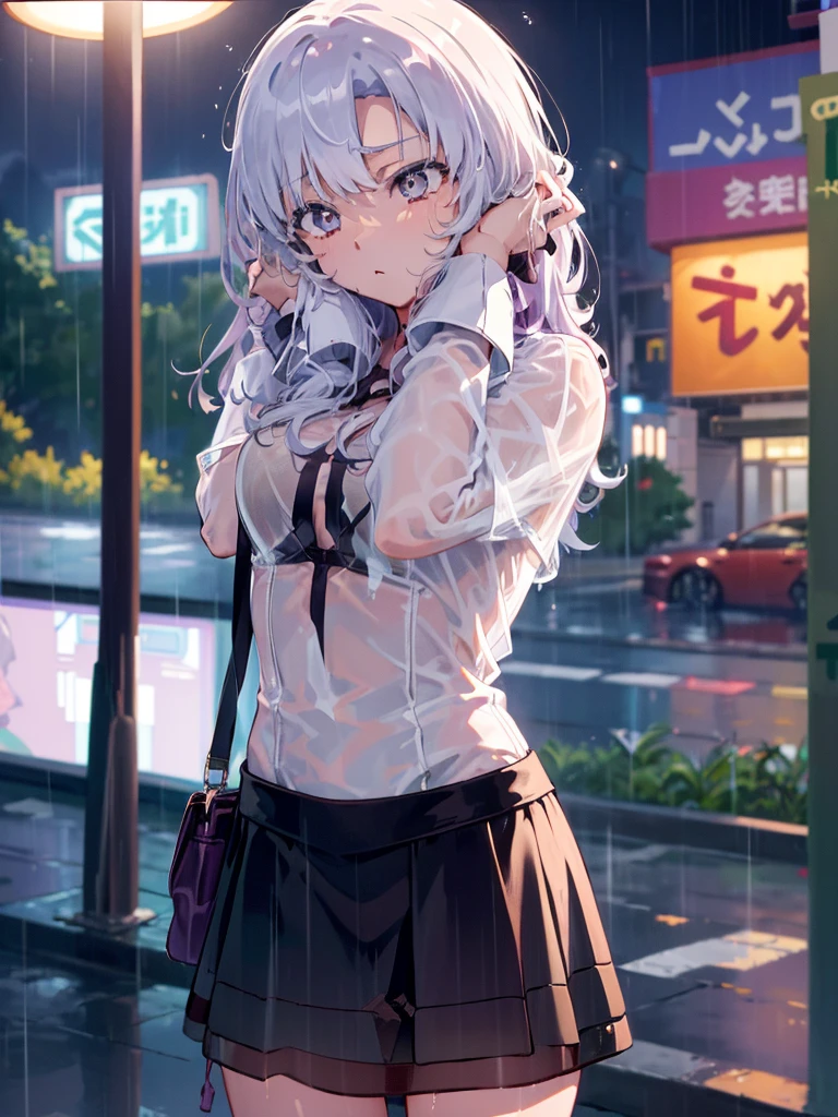 The clothes are wet, (Y-shirt is transparent: 1.4), skirt, (Unbroken body), (Perfect body structure), (arms two), (legs two), highest quality, 4K, (High resolution: 1.3) masterpiece , 1.2, Super detailed, HDR, Studio Lighting, Sharp Focus, Bright colors, Portrait, Warm tones, Soft Lighting,A bus stop in the evening rain、(Put your hands on your head)、