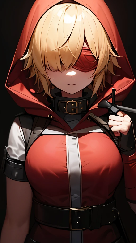 1girl, blonde hair, red hood, one blind fold,big crescent