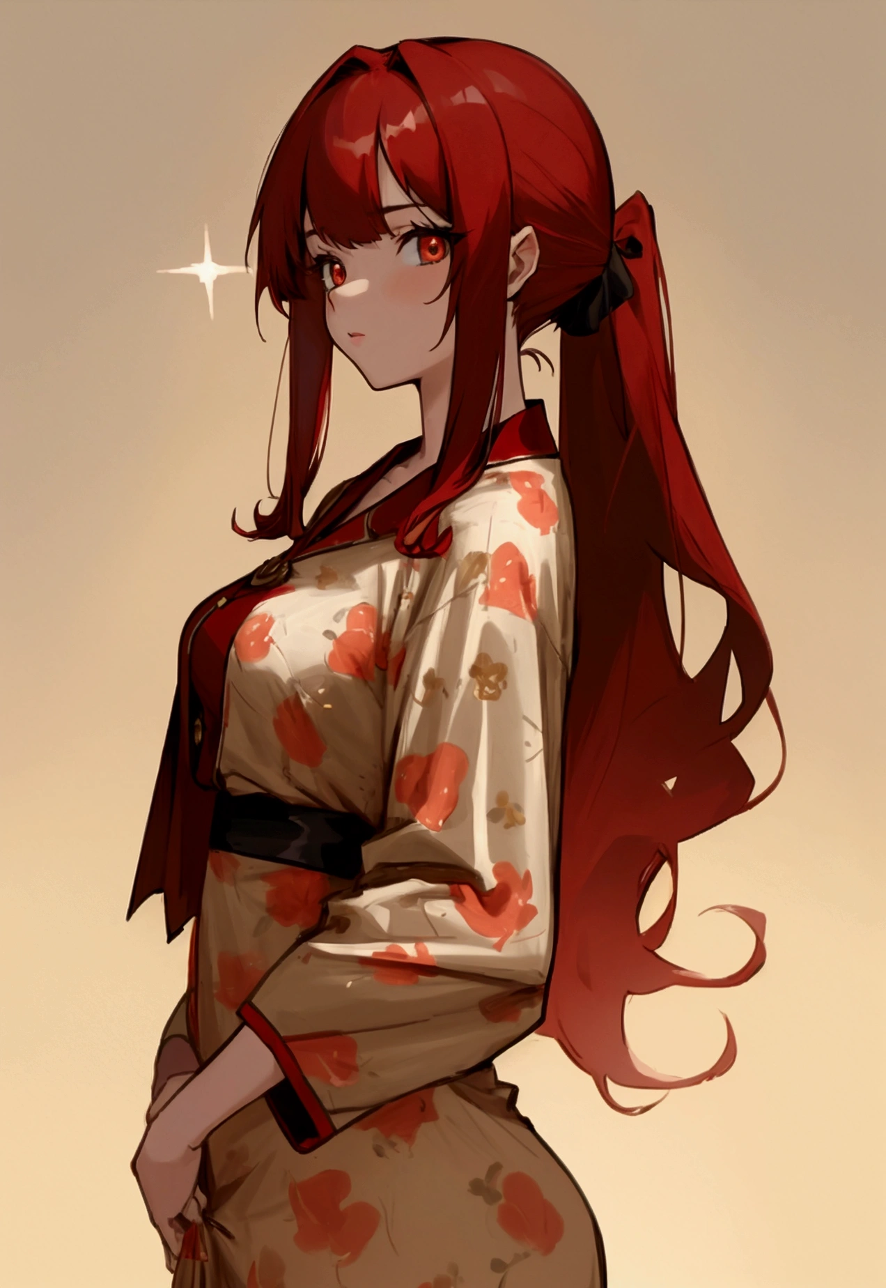 woman, 20's, beautiful, captain, red hair, golden eyes, bangs, long hair, pajama chlotes, had pajama, medium breast, sharp eyes, pony tail, former noble
