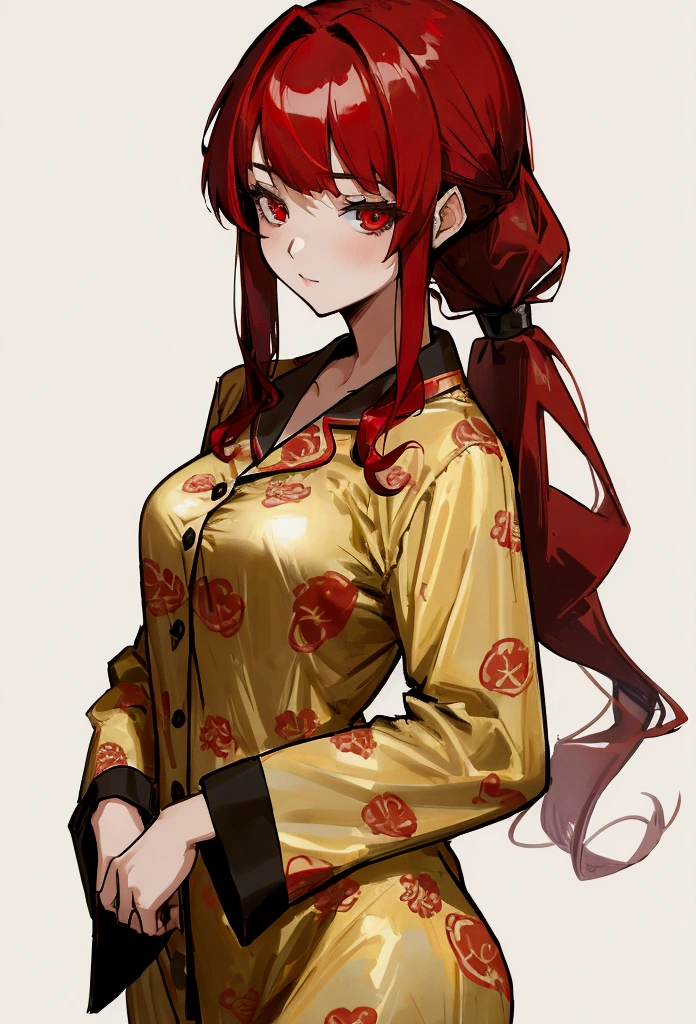 woman, 20's, beautiful, captain, red hair, golden eyes, bangs, long hair, pajama chlotes, had pajama, medium breast, sharp eyes, pony tail, former noble