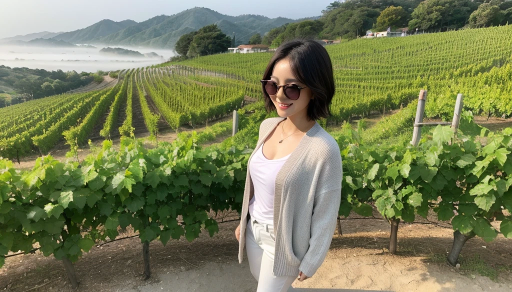 Post Creativity Upscale Transformation Upscale Download Generation Data Prompt Txt2Img 8k Realistic, lifelike photo,, 36 year old Korean woman, Short in stature, pretty like a model. front view, White shirt and short cardigan, casual pants, short medium hair, Smiley, Italy. vineyard, thick dawn fog. vineyard 지나 짙은 안개 속으로 저 멀리 성당이 보인다. Full body shot from afar with a wide angle lens , 1 woman, Short in stature, looking at the camera, Excellent picture quality, The morning fog is thick, The picture quality is alive. Full body shot with Canon 16-35 wide angle lens, Put on sunglasses and look to the side