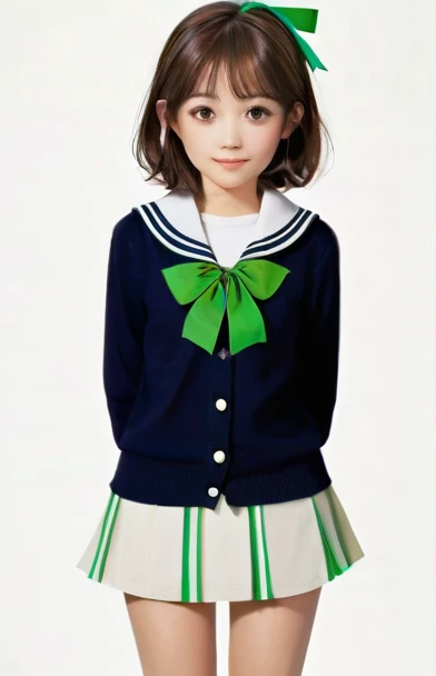 - **Hair**: Short, brown hair with a simple, straight style, reaching just below the ears.
- **Face**: Fair complexion with a gentle and friendly expression. She has brown eyes and a small smile.
- **Clothing**:
  - **Top**: Navy blue cardigan worn over a white sailor-style  with green accents on the collar and a green ribbon tied in front.
  - **Bottom**: Short pleated skirt with white and green stripes.
- **Accessories**: Green ribbon tied around the collar with a small pendant.
- **Footwear**: Brown loafers with black knee-high socks.
- **Pose**: Standing with her left hand on her hip and her right arm extended outward.
- **Build**: Slim and of average height, indicating a typical .solo, No background
