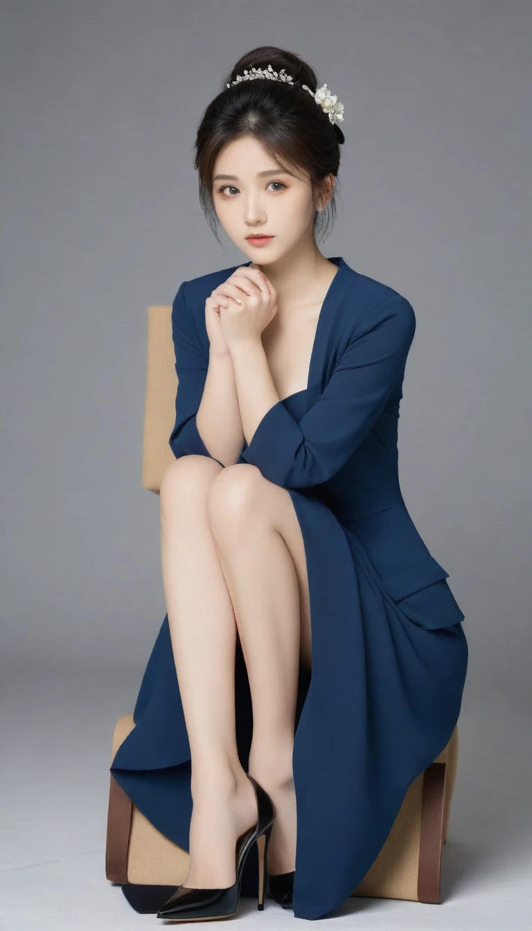 8k, Ultra-high resolution, Highest quality, masterpiece, 三分割法によるphotograph,Surreal, photograph, 1 Girl, (16 years old:1.3), pretty girl, Cute Face, Beautiful eyes in every detail, 細かくdetailedに,masterpiece,One Girl:1.2, Japan Female Announcer,full body,sad,streaming tears,Black short hair,Messy bun hair,(black suit:1.3),Nun's clothing,Black Pencil Skirt,(印象派の美しい少女のPortraiture), (Gray background:1.3),(Impressionist light and colour),Dedication to God,Sitting on a chair,Beautiful leg line beauty,Stiletto pumps,Realistic Skin, Perfect and beautiful face ,完璧でCute Face, Skin with attention to detail, Perfect limbs、Narrow waist,Looking at the audience、beauty,Long neck,clavicle,(((Ideal body type))),A cup small breasts :2,Portraiture:2,Perfect Anatomy,鮮明なdetailed,detailed,Surreal,Light and shadow,spotlight