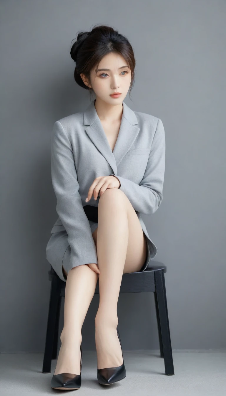 8k, Ultra-high resolution, Highest quality, masterpiece, 三分割法によるphotograph,Surreal, photograph, 1 Girl, (:1.3), pretty girl, Cute Face, Beautiful eyes in every detail, 細かくdetailedに,masterpiece,One Girl:1.2, Japan Female Announcer,full body,sad,streaming tears,Black short hair,Messy bun hair,(black suit:1.3),Nun's clothing,Black Pencil Skirt,(印象派の美しい少女のPortraiture), (Gray background:1.3),(Impressionist light and colour),Dedication to God,Sitting on a chair,Beautiful leg line beauty,Stiletto pumps,Realistic Skin, Perfect and beautiful face ,完璧でCute Face, Skin with attention to detail, Perfect limbs、Narrow waist,Looking at the audience、beauty,Long neck,clavicle,(((Ideal body type))),A cup small breasts :2,Portraiture:2,Perfect Anatomy,鮮明なdetailed,detailed,Surreal,Light and shadow,spotlight