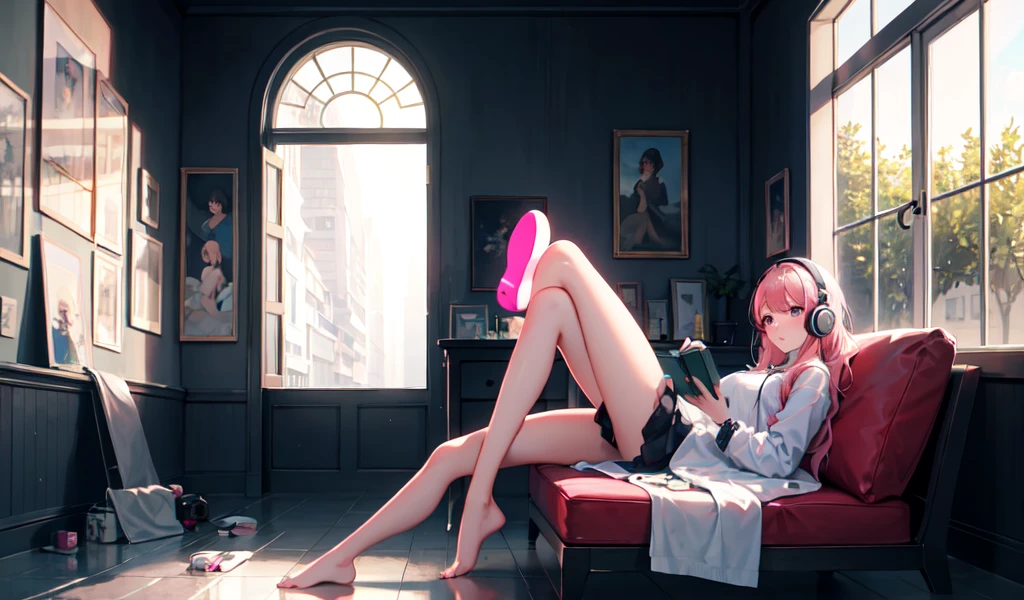((Highest quality)), ((masterpiece)), (detailed), 1人のgirl, ((Highest quality)), ((masterpiece)), (detailed), 1人のgirl, Super high quality by the god of art, High resolution, Pink Hair, alone, girl, , Wear headphones, Rain outside the window, Full body angle, Sitting on the couch, I read a book