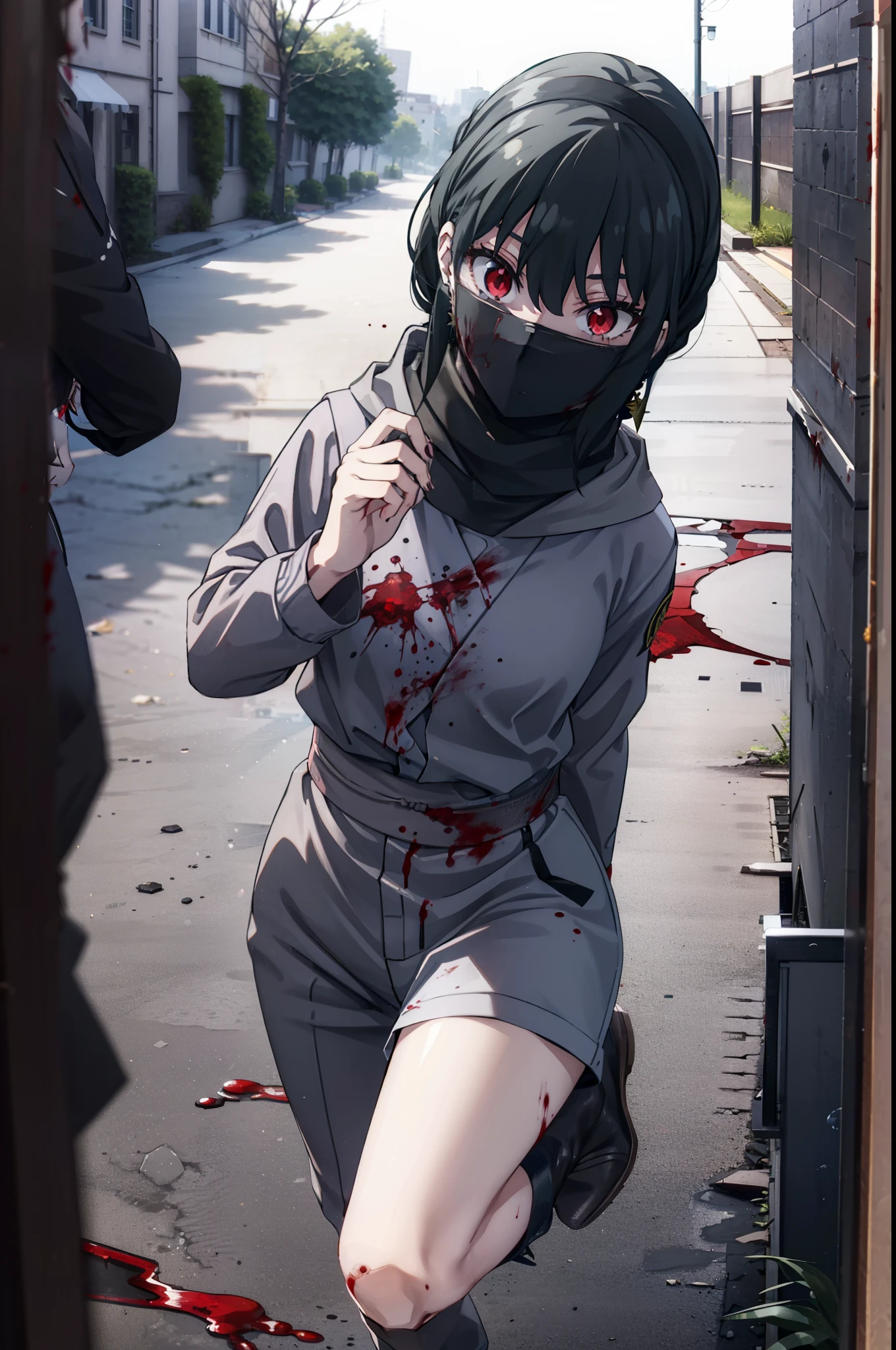 Yorbraia, Yor Briar, Black Hair, (Red eyes:1.5), Earrings, gold hair band, hair band, Long Hair, Side Lock, (Medium chest:1.2), Shadowed face,Hooded,Cover your mouth with a black scarf,strict,black Ninja uniform,Ninja,black Ninja pants,short boots,Action pose,Overlooking the city from the roof of the building,moon,moon明かり,night,moon光,whole bodyがイラストに入るように,Psychopath horror、Bloody、blood droplets,murder scene, Serial killer, Covered in blood break looking at viewer, whole body, break outdoors ,Medieval European-style building, break (masterpiece:1.2), Highest quality, High resolution, unity 8k wallpaper, (shape:0.8), (Beautiful and beautiful eyes:1.6), Highly detailed face, Perfect lighting, Extremely detailed CG, (Perfect hands, Perfect Anatomy),