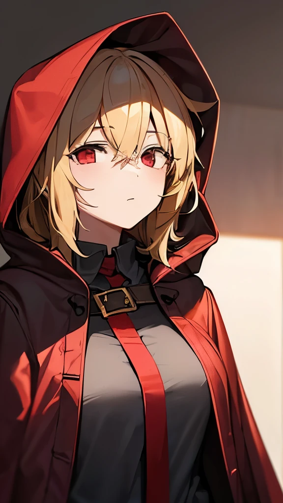 1girl, blonde hair, red hood, one blind fold,big crescent