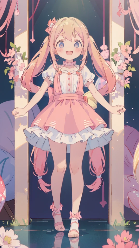 ((masterpiece))((Highest quality))girl、A big smile、blush、Flat Chest、Are thin、Blonde Hair、blush、Are standing、Whole body image、Eye level to the feet、front、No background、真frontのアングル、Pink clothes、Two-tone red and blue hair、Twin tails、Red Alice outfit、Reflected up to your feet