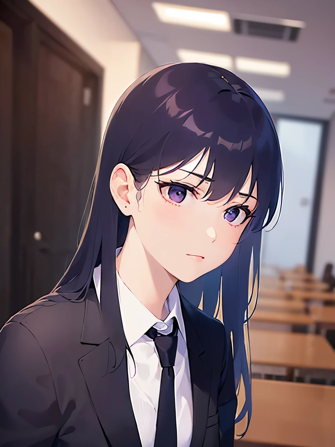 (looking away:1.5), side angle, Upper Body, Realistic, real person, (pale skin: 1.2), RAW photo, photorealistic, shiny skin, shiny hair、(A 25-year-old woman with straight hair and bangs) and (medium hair) and (black hair) and (purple eyes) , (business suit:1.5) and (white collared shirt)、annoyed, The background is a meeting room、Alone、Are standing