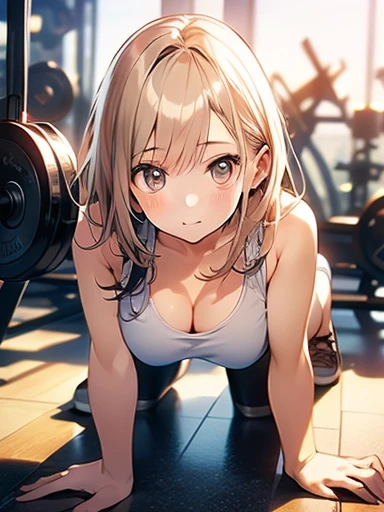 In 8K、Highest quality、masterpiece、Ultra-detailed、Ultra-high resolution、((1 person))、With a girl、White tank top、Blonde、compensate、On all fours、Cleavage、Front view、Gym