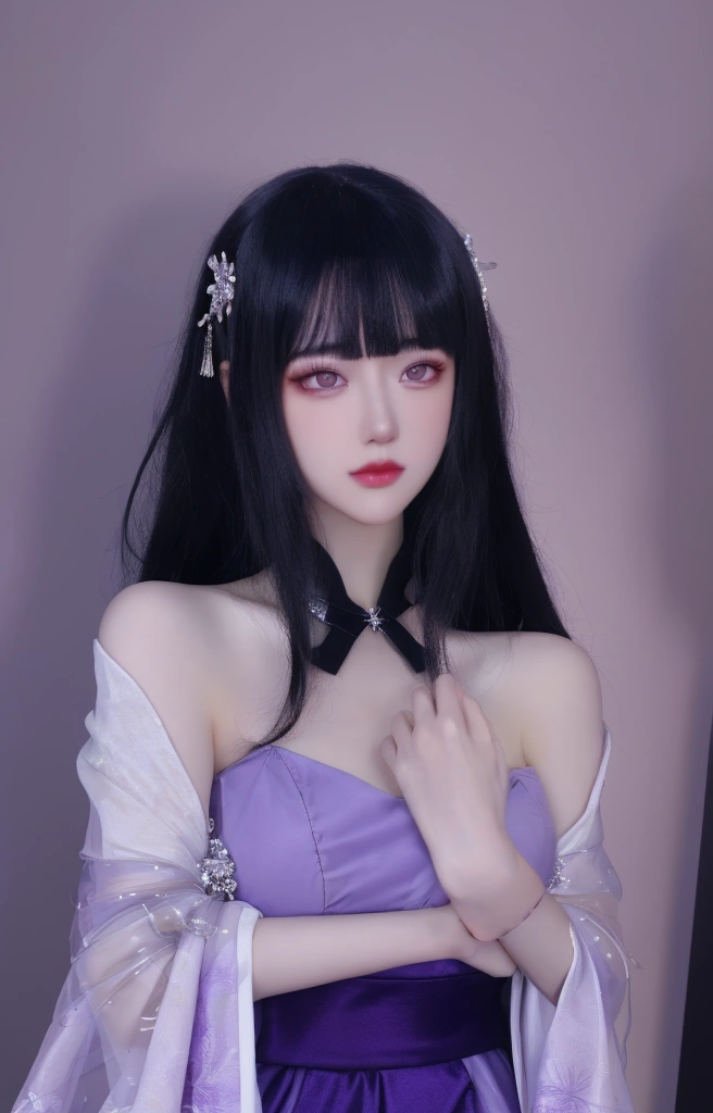 ulzzang-6500-v1.1,(raw photo:1.2),((photorealistic:1.30)), ((best quality)) ,((masterpiece)),((Ultra High Resolution)), ((Clear View)),,Ultra-high resolution,Clear face,（Reality：1.4) ,  illustration, an extremely delicate and beautiful, extremely detailed ,CG ,unity ,8k wallpaper, Amazing, finely detail, masterpiece,best quality,official art,extremely detailed CG unity 8k wallpaper,absurdres, incredibly absurdres, huge filesize, ultra-detailed, highres, extremely detailed,beautiful detailed girl, extremely detailed eyes and face, beautiful detailed eyes,light on face,cinematic lighting, 1girl, 独奏, long hair, purple hair, bangs, hair ornament, purple eyes, dress,