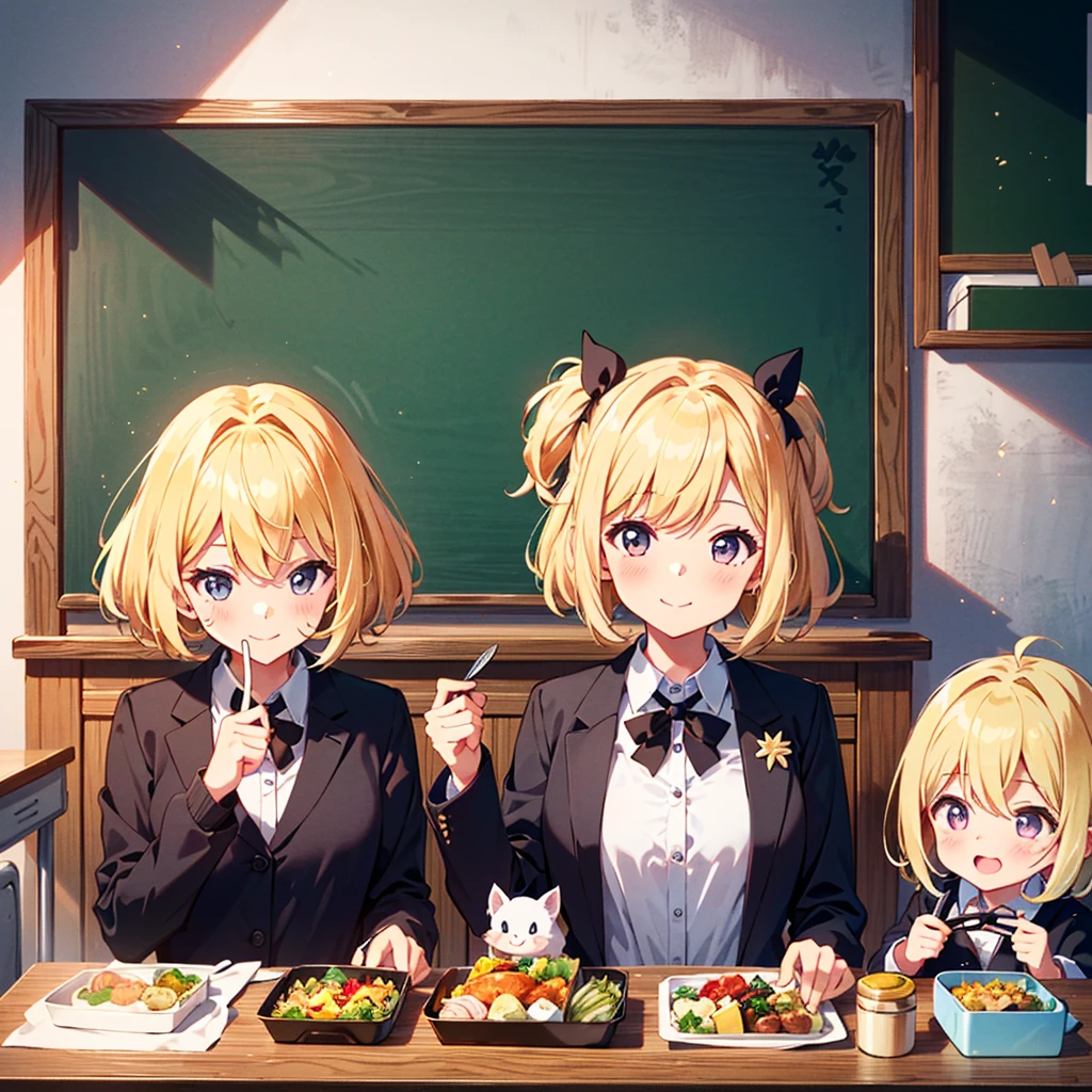 High-definition background, bright and beautiful atmosphere, 3 girls (2 years old, short-tempered, 1 round face), 1 child) (hair, surface effects, color effects), small breasts, blonde hair, girls opening lunch boxes in the classroom , bento boxes lined up on the desk, cute costumes, a mini-pig looking inside the bento box, a mini-pig looking happy after being given a side dish, and "deltamon_sdXL: 0.73)>Deltamon makes decisions in an instant."