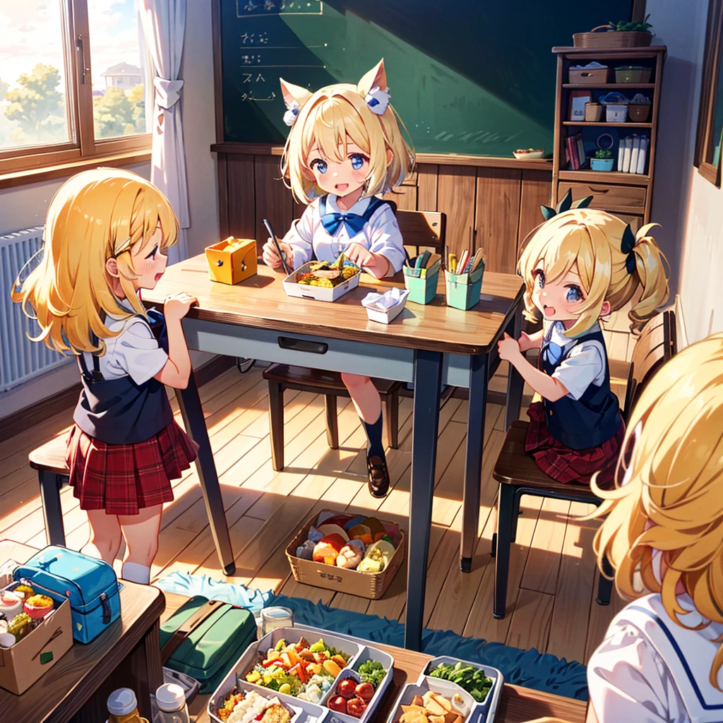 High-definition background, bright and beautiful atmosphere, 3 girls (, short-tempered, 1 round face), 1 child) (hair, surface effects, color effects), small breasts, blonde hair, girls opening lunch boxes in the classroom , bento boxes lined up on the desk, cute costumes, a mini-pig looking inside the bento box, a mini-pig looking happy after being given a side dish, and "deltamon_sdXL: 0.73)>Deltamon makes decisions in an instant."