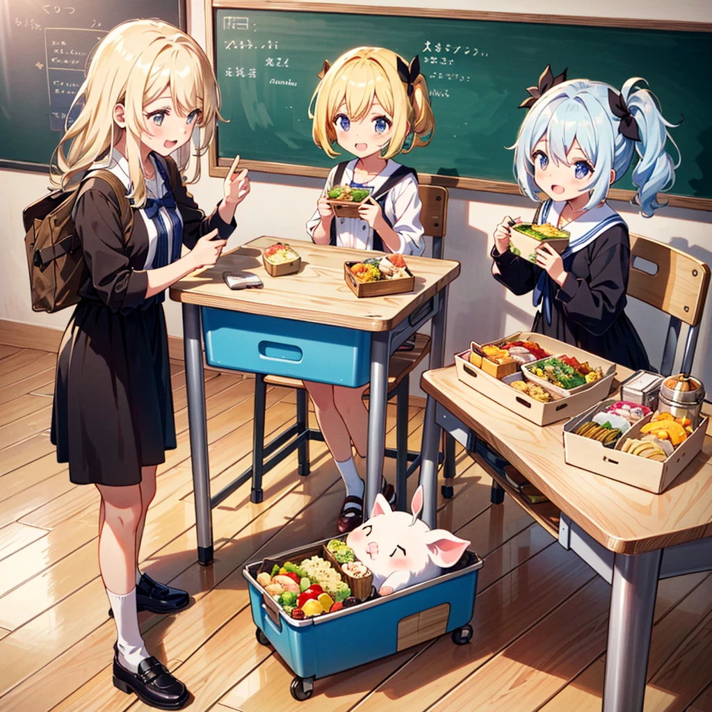 High-definition background, bright and beautiful atmosphere, 3 girls (2 years old, short-tempered, 1 round face), 1 child) (hair, surface effects, color effects), small breasts, blonde hair, girls opening lunch boxes in the classroom , bento boxes lined up on the desk, cute costumes, a mini-pig looking inside the bento box, a mini-pig looking happy after being given a side dish, and "deltamon_sdXL: 0.73)>Deltamon makes decisions in an instant."