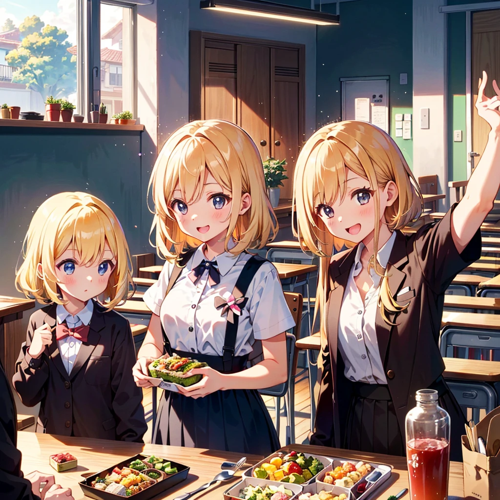 High-definition background, bright and beautiful atmosphere, 3 girls (2 years old, short-tempered, 1 round face), 1 child) (hair, surface effects, color effects), small breasts, blonde hair, girls opening lunch boxes in the classroom , bento boxes lined up on the desk, cute costumes, a mini-pig looking inside the bento box, a mini-pig looking happy after being given a side dish, and "deltamon_sdXL: 0.73)>Deltamon makes decisions in an instant."