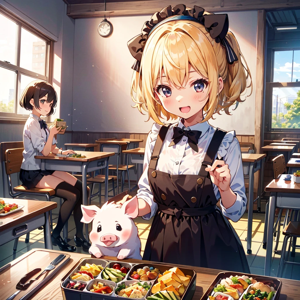 High-definition background, bright and beautiful atmosphere, 3 girls (2 , short-tempered, 1 round face), 1 child) (hsurface effects, color effects), small breasts, blonde hair, girls opening lunch boxes in the classroom , bento boxes lined up on the desk, cute costumes, a mini-pig looking inside the bento box, a mini-pig looking happy after being given a side dish, and "deltamon_sdXL: 0.73)>Deltamon makes decisions in an instant."