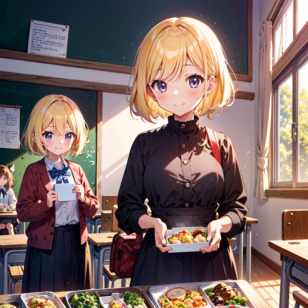 High-definition background, bright and beautiful atmosphere, 3 girls (2 , short-tempered, 1 round face), 1 child) (hsurface effects, color effects), small breasts, blonde hair, girls opening lunch boxes in the classroom , bento boxes lined up on the desk, cute costumes, a mini-pig looking inside the bento box, a mini-pig looking happy after being given a side dish, and "deltamon_sdXL: 0.73)>Deltamon makes decisions in an instant."