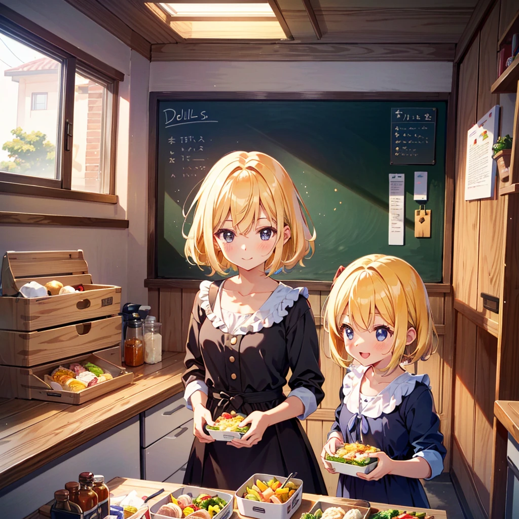 High-definition background, bright and beautiful atmosphere, 3 girls (2 , short-tempered, 1 round face), 1 child) (hsurface effects, color effects), small breasts, blonde hair, girls opening lunch boxes in the classroom , bento boxes lined up on the desk, cute costumes, a mini-pig looking inside the bento box, a mini-pig looking happy after being given a side dish, and "deltamon_sdXL: 0.73)>Deltamon makes decisions in an instant."