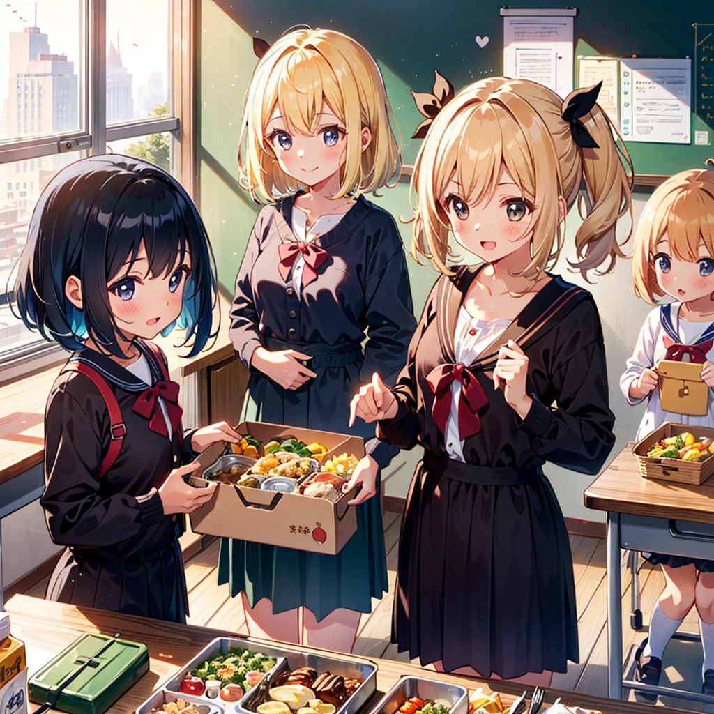 High-definition background, bright and beautiful atmosphere, 3 girls (2 years old, short-tempered, 1 round face), 1 child) (hair, surface effects, color effects), small breasts, blonde hair, girls opening lunch boxes in the classroom , bento boxes lined up on the desk, cute costumes, a mini-pig looking inside the bento box, a mini-pig looking happy after being given a side dish, and "deltamon_sdXL: 0.73)>Deltamon makes decisions in an instant."
