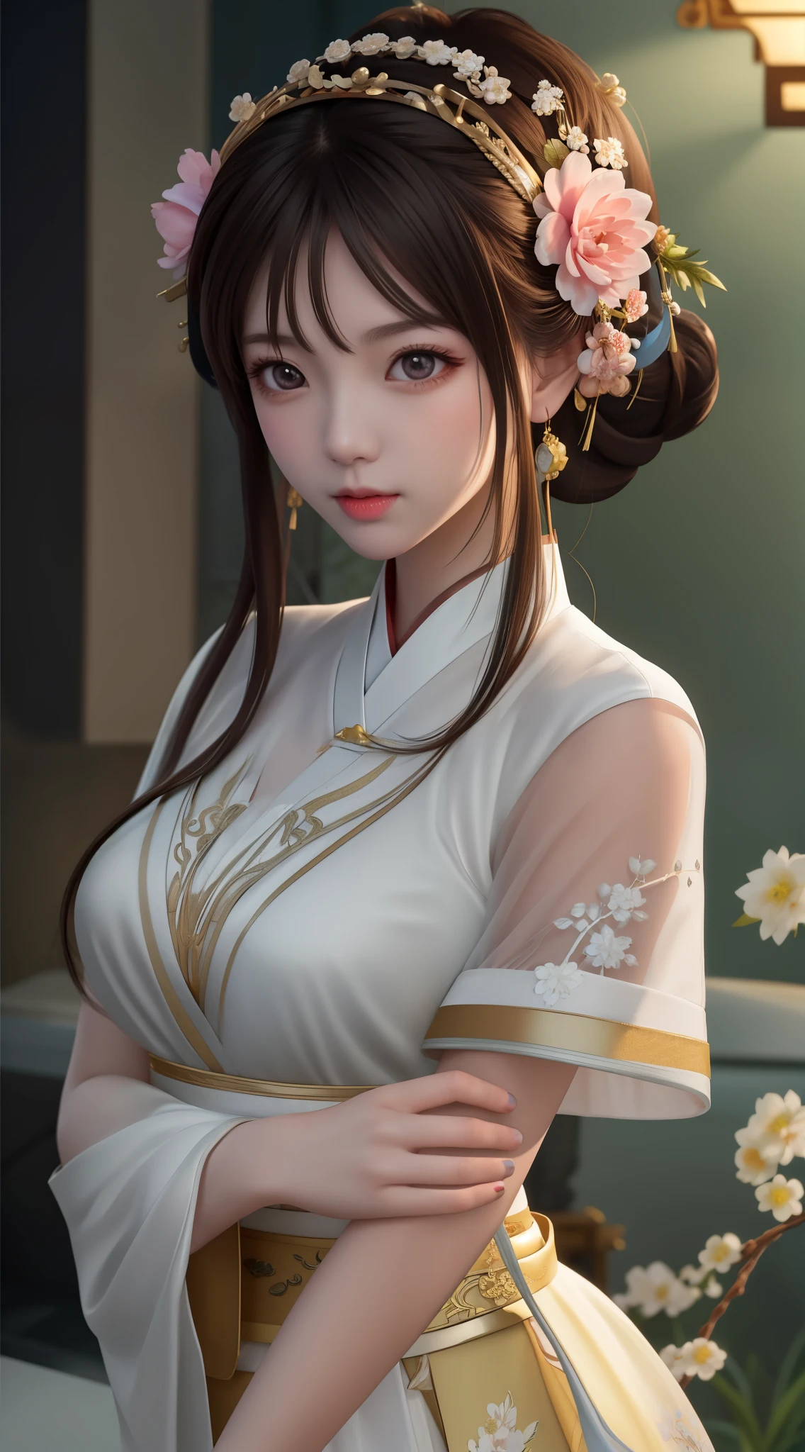 Alabi Asian woman wearing white dress,There is a flower in the hair, Palace , A girl in Hanfu, 8K high quality detailed art, Beautiful rendering of the Tang Dynasty, Guvitz风格的艺术品, trending on cgstation, Smooth anime CG art, White Hanfu, Realistic anime girl rendering, Guvitz, Inspired by Lan Ying
