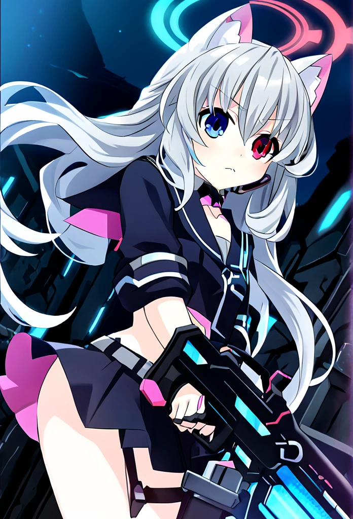 ((1girl)), ((grey hair)), cute, a female anime character holding two guns,【 sciart 💙💜 mson, coilgun, wavy long hair, cat-eared headset with neon light purple color, heterochromia eyes (blue eyes, red eyes), ((black and dark blue outfit)), white ornaments, red skirt, grey wavy hair, hair ornaments, dark blue opened cyberpunk jacket with red lines, navel showing black sailor uniform, grey sailor collar, black shirt, short sleeves)), midriff, black miniskirt