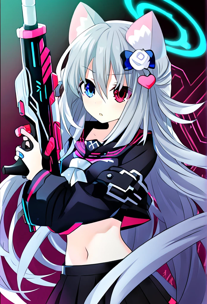 ((1girl)), ((grey hair)), cute, a female anime character holding two guns,【 sciart 💙💜 mson, coilgun, wavy long hair, cat-eared headset with neon light purple color, heterochromia eyes (blue eyes, red eyes), ((black and dark blue outfit)), white ornaments, red skirt, grey wavy hair, hair ornaments, dark blue opened cyberpunk jacket with red lines, navel showing black sailor uniform, grey sailor collar, black shirt, short sleeves)), midriff, black miniskirt