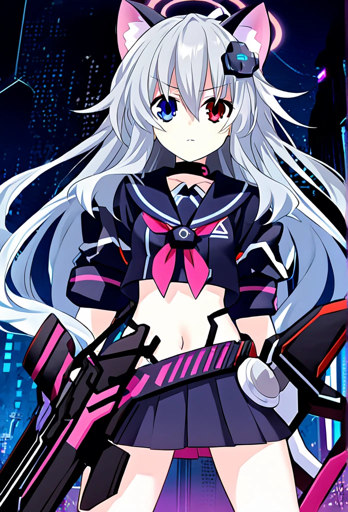 ((1girl)), ((grey hair)), cute, a female anime character holding two guns,【 sciart 💙💜 mson, coilgun, wavy long hair, cat-eared headset with neon light purple color, heterochromia eyes (blue eyes, red eyes), ((black and dark blue outfit)), white ornaments, red skirt, grey wavy hair, hair ornaments, dark blue opened cyberpunk jacket with red lines, navel showing black sailor uniform, grey sailor collar, black shirt, short sleeves)), midriff, black miniskirt