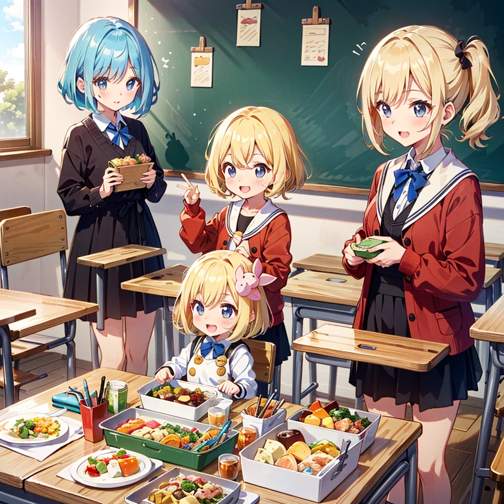 High-definition background, bright and beautiful atmosphere, 3 girls (2 years old, short-tempered, 1 round face), 1 child) (hair, surface effects, color effects), small breasts, blonde hair, girls opening lunch boxes in the classroom , bento boxes lined up on the desk, cute costumes, a mini-pig looking inside the bento box, a mini-pig looking happy after being given a side dish, and "deltamon_sdXL: 0.73)>Deltamon makes decisions in an instant."