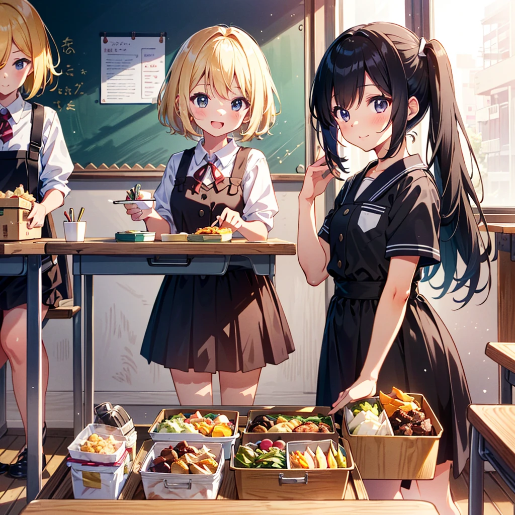 High-definition background, bright and beautiful atmosphere, 3 girls (2 , short-tempered, 1 round face), 1 child) (hsurface effects, color effects), small breasts, blonde hair, girls opening lunch boxes in the classroom , bento boxes lined up on the desk, cute costumes, a mini-pig looking inside the bento box, a mini-pig looking happy after being given a side dish, and "deltamon_sdXL: 0.73)>Deltamon makes decisions in an instant."