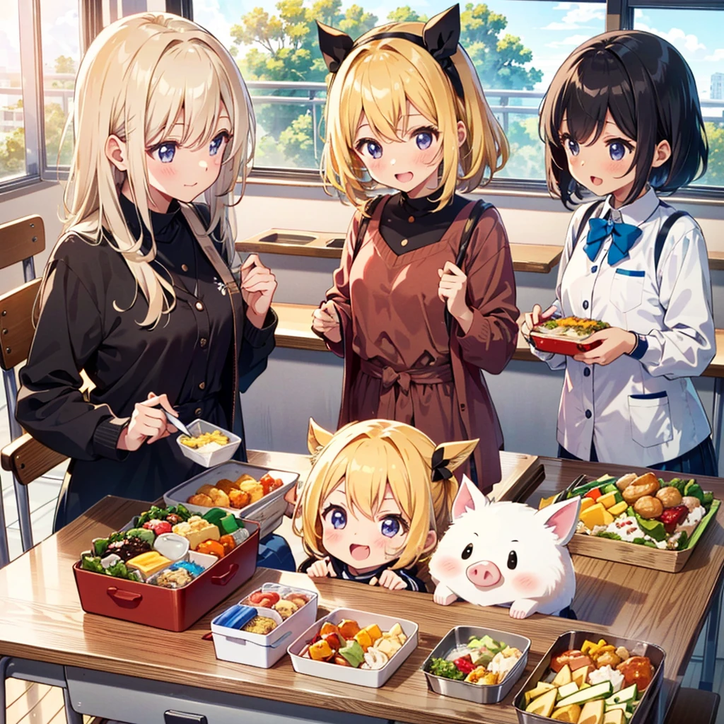 High-definition background, bright and beautiful atmosphere, 3 girls (2 years old, short-tempered, 1 round face), 1 child) (hair, surface effects, color effects), small breasts, blonde hair, girls opening lunch boxes in the classroom , bento boxes lined up on the desk, cute costumes, a mini-pig looking inside the bento box, a mini-pig looking happy after being given a side dish, and "deltamon_sdXL: 0.73)>Deltamon makes decisions in an instant."