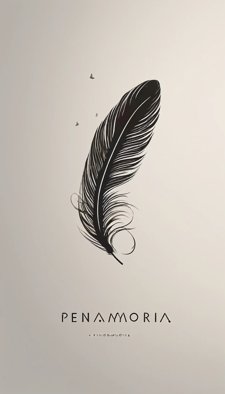 A minimal, modern, simple, cinematic logotype for the brand Penamemoria. The logotype must be a simple Memory Feather. Icon of a unique dreamy feather. The logo must convey a sense of music, stories and dreams. Logo design impressed on a book cover. Minimalistic logo and icon