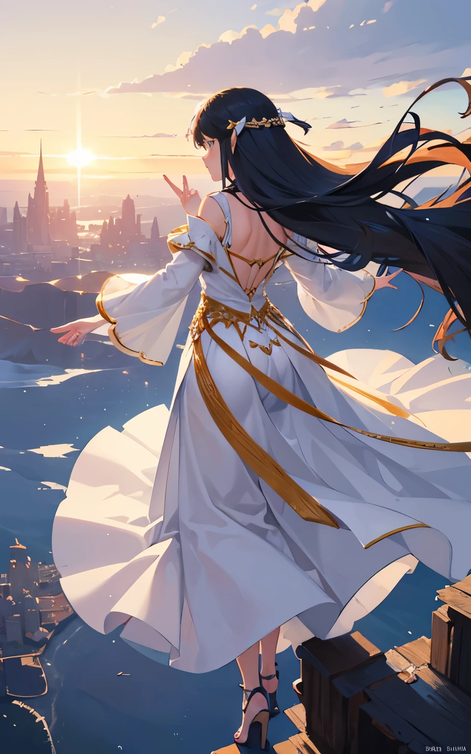 Girl, long hair, long dress, flying in the air and pointing upwards, while flying. Back view of the girl. Hd, ultra hd. Fantasy.