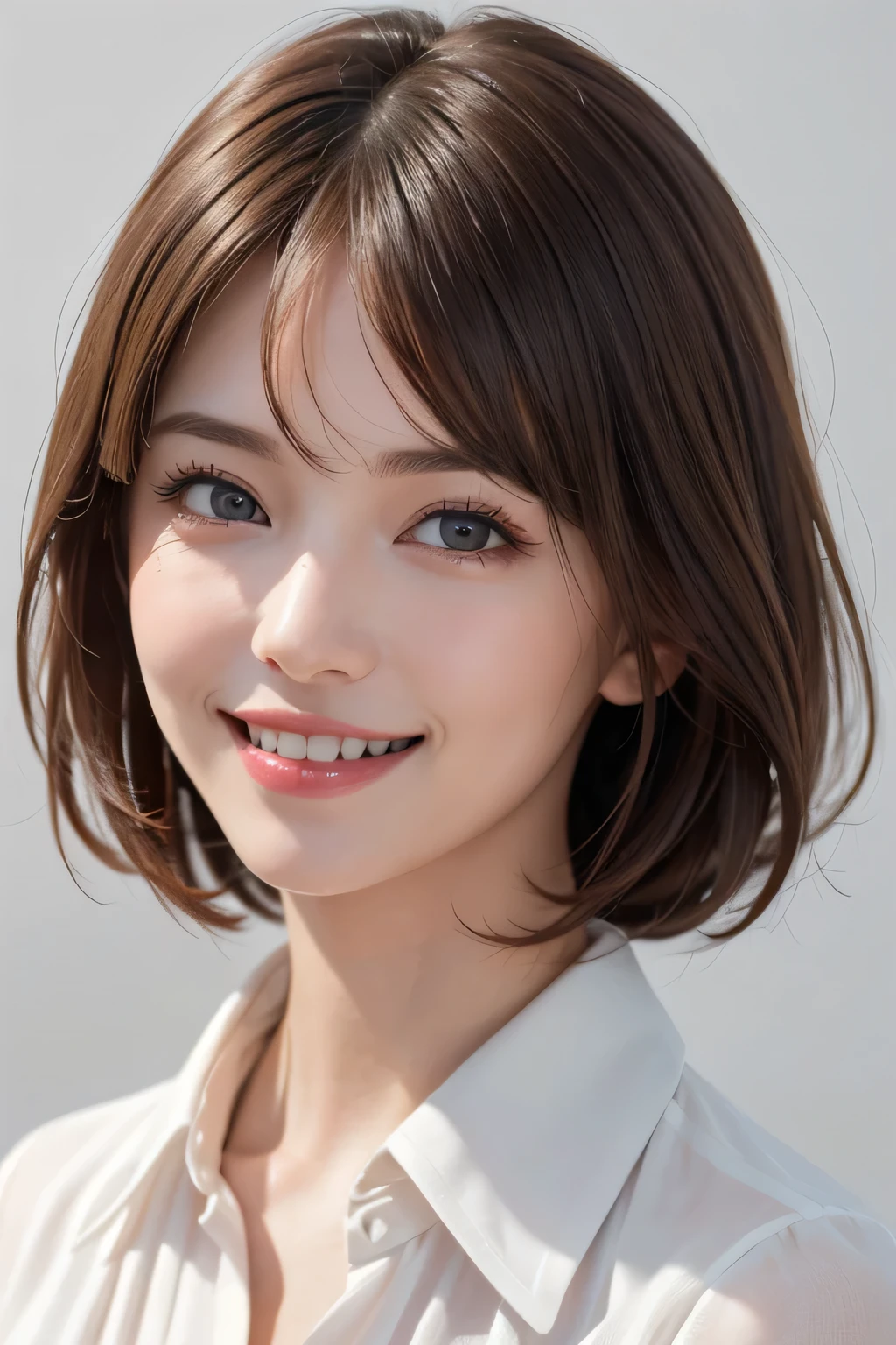 ((masterpiece)), ((Highest quality)), ((Complex)), ((Surreal)), (Realistic), (Mature Woman), ((No classes)), Very detailed, (1 female), Beautiful and exquisite, (Beautiful Teeth), Grin, Brunette bob hair, Brown eyes, ((blouse)), (Upper Body), (background:none), Perfect Eyes, Captivating eyes, Looking at the audience