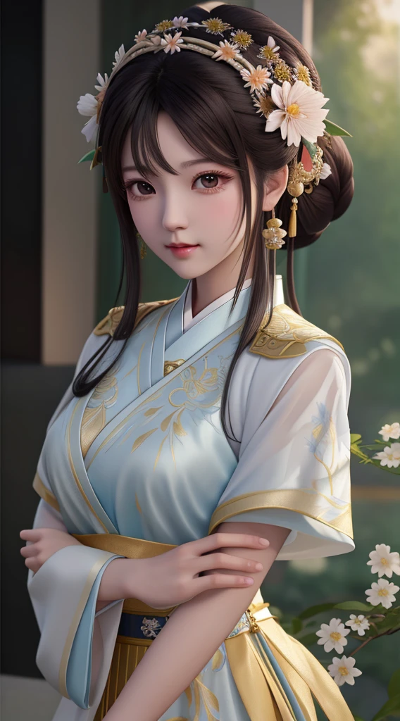 Alabi Asian woman wearing white dress,There is a flower in the hair, Palace , A girl in Hanfu, 8K high quality detailed art, Beautiful rendering of the Tang Dynasty, Guvitz风格的艺术品, trending on cgstation, Smooth anime CG art, White Hanfu, Realistic anime girl rendering, Guvitz, Inspired by Lan Ying