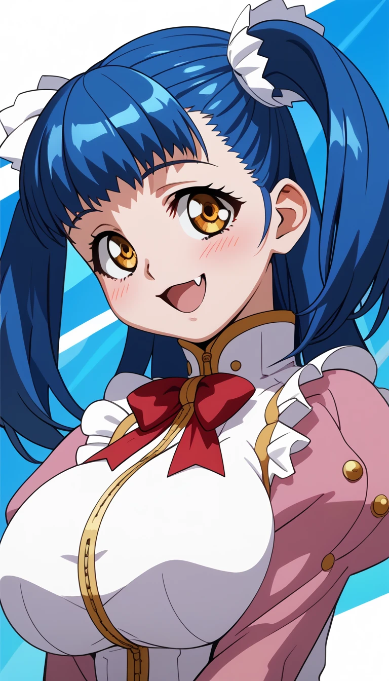 (Tuile(gravion),huge breasts,blue hair,yerrow eyes,twintail,two side up),(white long shirt,red waist ribbon,gold zipper,white frill,red ribbon,((white edge pink short skirt)),Pink sleeves,Pink Shoes、White socks:1),official art,smile,blush,open mouth,fang