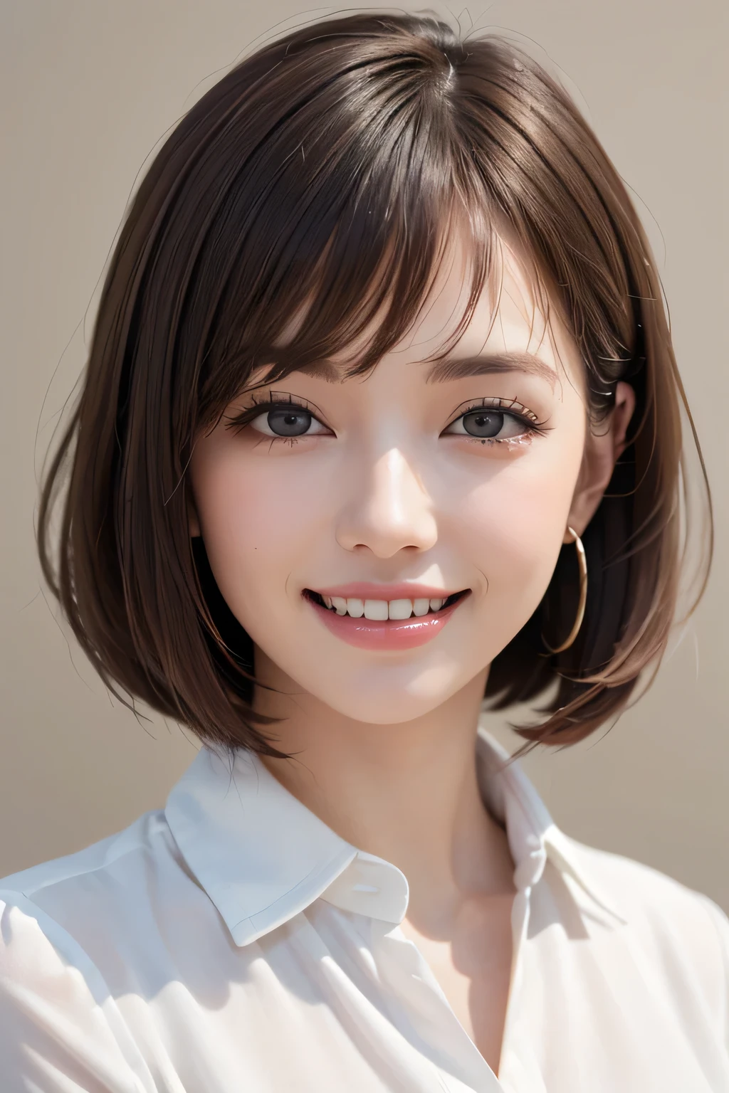 ((masterpiece)), ((Highest quality)), ((Complex)), ((Surreal)), (Realistic), (Mature Woman), ((No classes)), Very detailed, (1 female), Beautiful and exquisite, (Beautiful Teeth), Grin, Brunette bob hair, Brown eyes, ((blouse)), (Upper Body), (background:none), Perfect Eyes, Captivating eyes, Looking at the audience